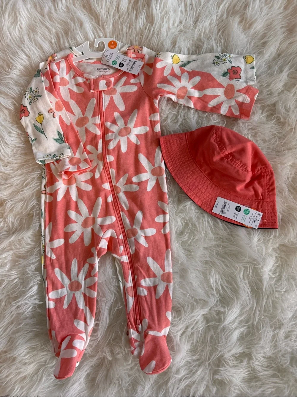 Carter's Cream Floral Footed One-Piece with Coral Hat with SPF50